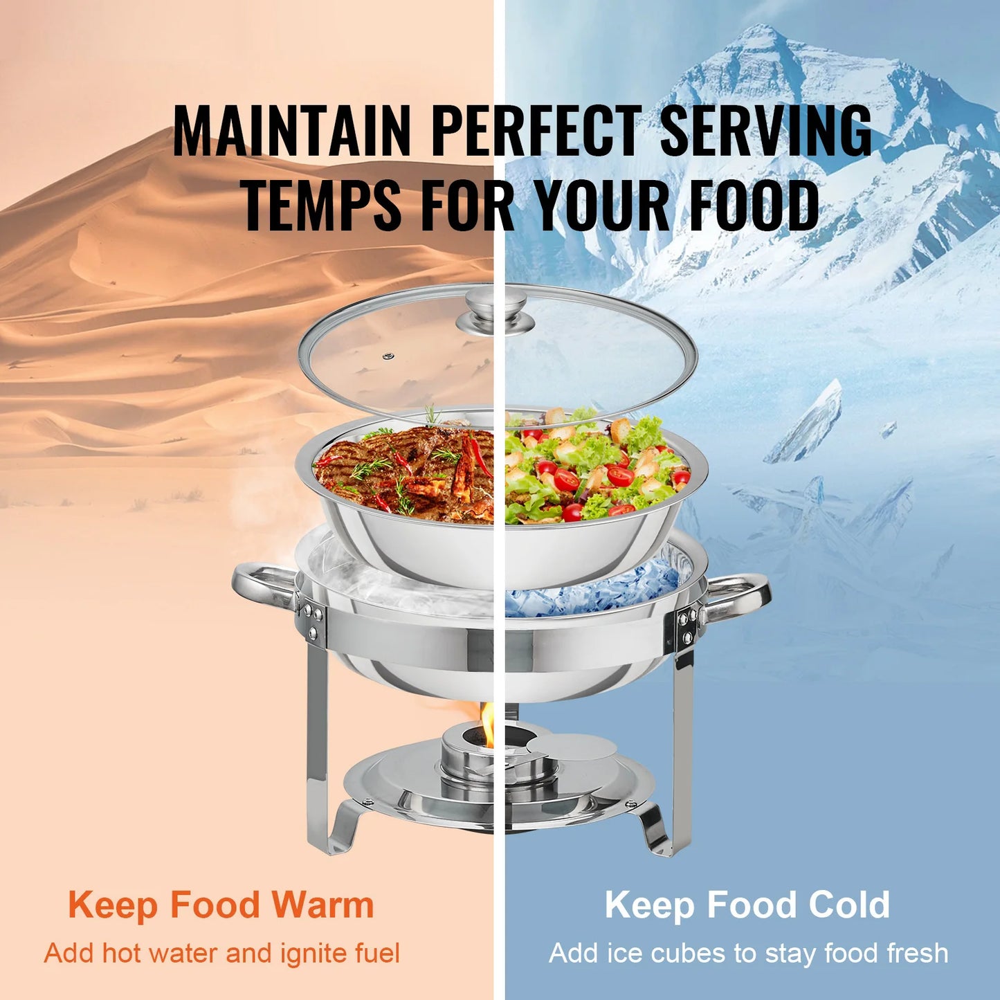 SucceBuy 4QT 2-Pack Round Chafing Dish Set Stainless Steel Buffet Chafer w/Full Size Pan Glass Lid  Fuel Holder Catering Warmer