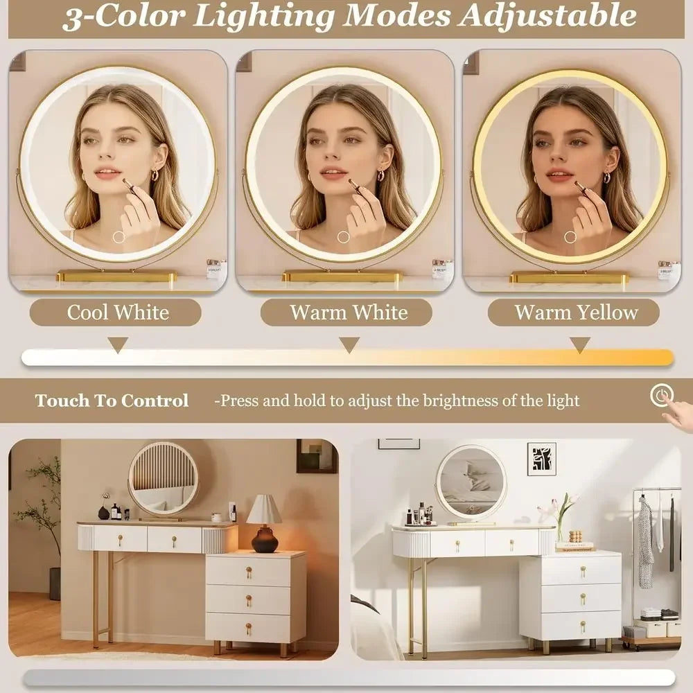 Makeup Vanity Desk with LED Mirror, 3-Color Lights, 5 Drawers, Adjustable for Bedroom and Bathroom, White