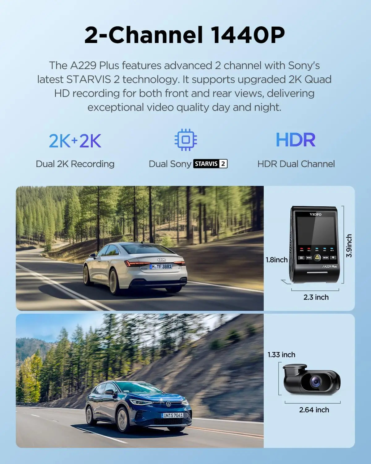 A229 Plus Dash Cam Front and Rear, Dual STARVIS 2 Sensors, 2 Channel HDR, 1440P+1440P Voice Control Car Dash Camera, 5GHz
