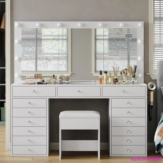 55" W Vanity Desk, Makeup Vanity with Charging Station, 15 Drawers with Lighted Mirror, 3 Lighting Modes, Brightness