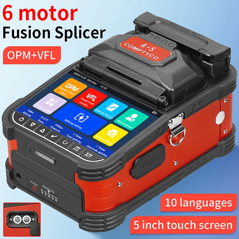 COMPTYCO A-5 Fiber Optic Fusion Splicer SM MM Multilingual Optical Fiber Welding Machine Fiber Core Hot Melt Built in OPM VFL