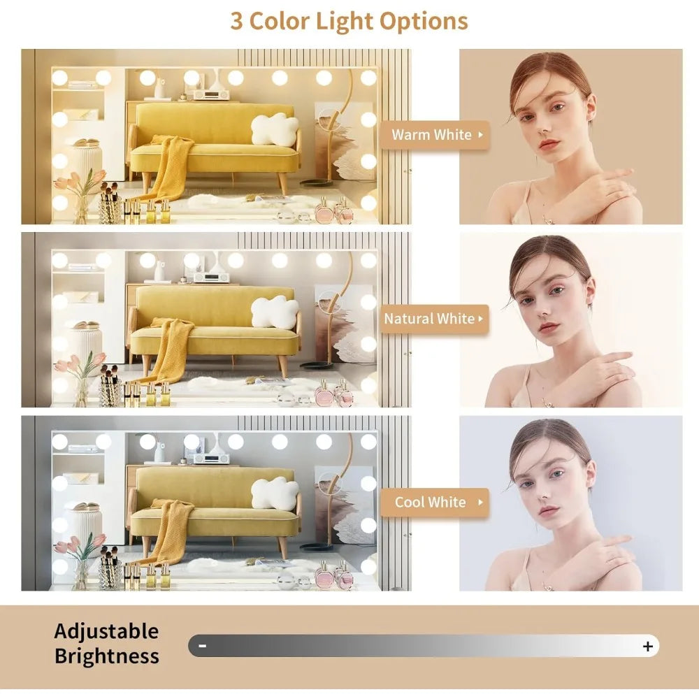 illuminated glass vanity desk with 11 drawers and 3 adjustable light modes