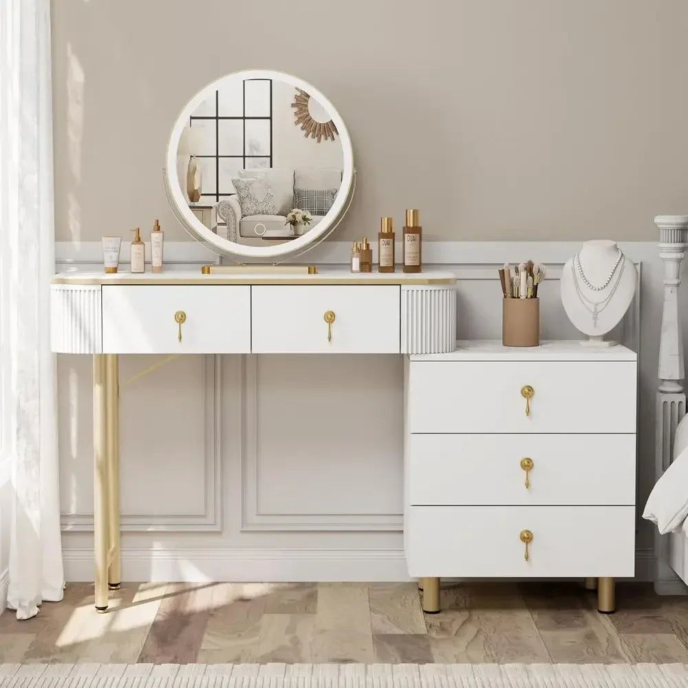 Makeup Vanity Desk with LED Mirror, 3-Color Lights, 5 Drawers, Adjustable for Bedroom and Bathroom, White