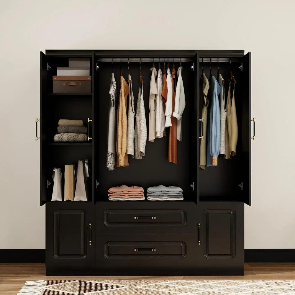 Wooden Armoire Wardrobe Closet：Modern Armoire Wardrobe Closet with 4 Doors, 2 Drawers and Hanging Rods for Tall Cabinet, Large C