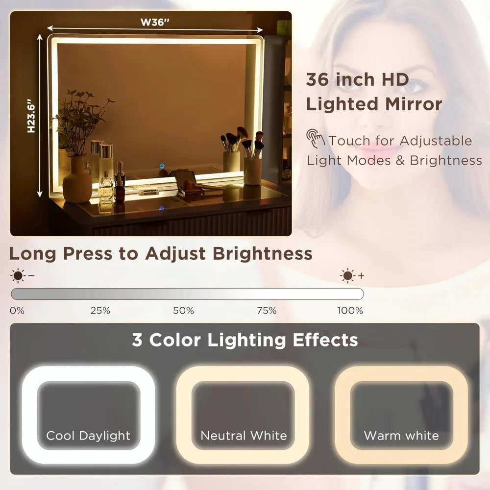 48" Fluted Makeup Vanity Desk with Large 36" Mirror and Lights, Modern Glass Top Big Vanity Table w/5 Drawers & Adjustab Shelves