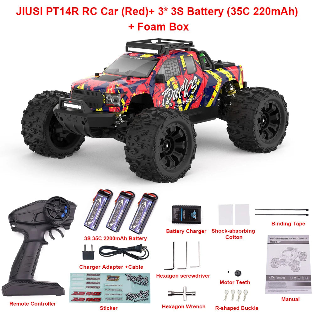 JIUSI PT14R MT14R 1/14 RC Car 4WD 80km/h Brushless 2.4G Remote Control Racing Car 3S 35C 2200mAh High Speed Off-road RC Truck
