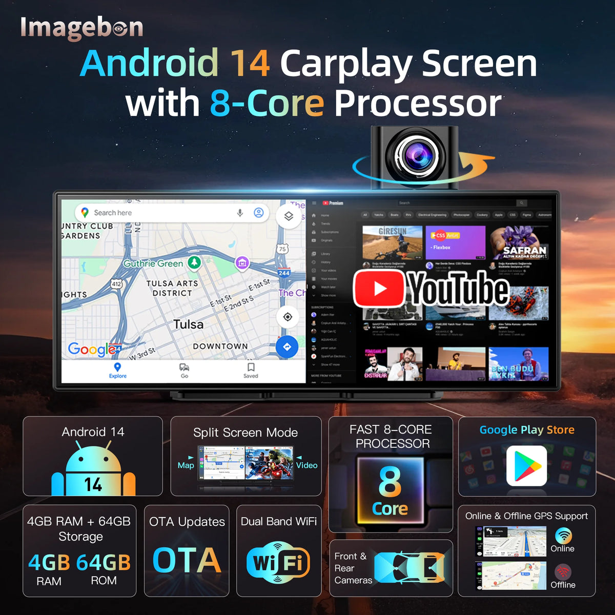 Imagebon 11.4" Android 14 Dashcam WiFi 8 Core 4+64G CarPlay & Android Auto 1080P Dual Recording GPS Navigation Google Play Youtube Car DVR Screen