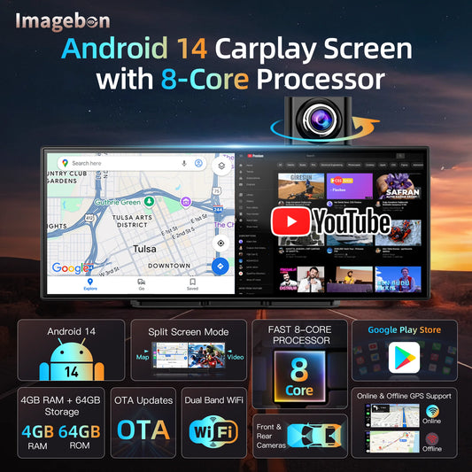 Imagebon 11.4" Android 14 Dashcam WiFi 8 Core 4+64G CarPlay & Android Auto 1080P Dual Recording GPS Navigation Google Play Youtube Car DVR Screen