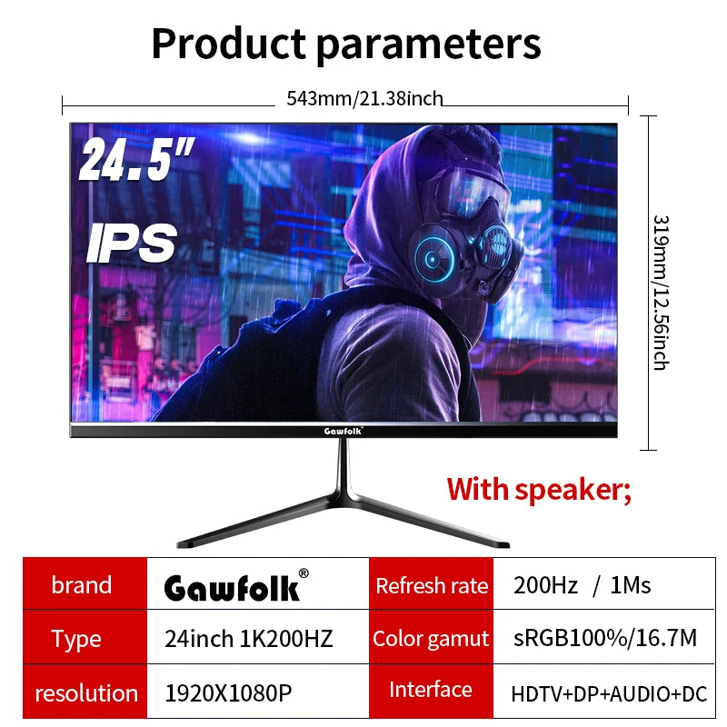 Gawfolk 24.5 Inch Gaming Monitor, 200hz PC Monitor FHD 1080P Frameless Computer Monitors, VA, sRGB 100%, DisplayPort, HDTV, Eye