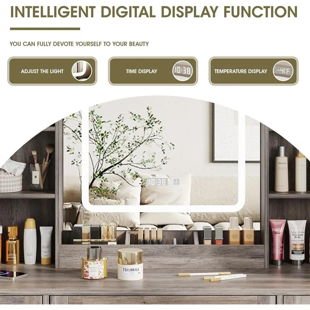 Makeup Vanity Desk with Lighted Mirror, Desk & Chair, 3 Drawers, 2 Cabinets, Time/Temp Display, Adjustable LED Lights, Grey