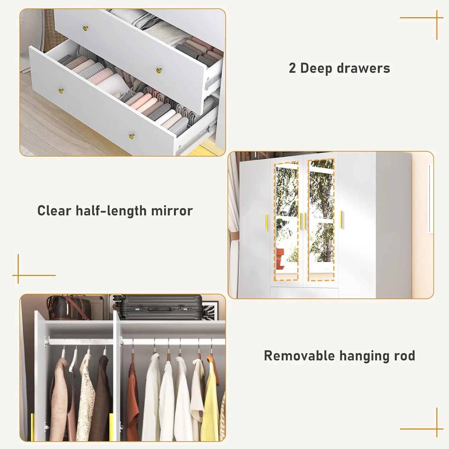 4 Doors Armoire Wardrobe Closet with Mirror, LED Armoire with Doors and Drawers, Wooden Wardrobe Storage Cabinet with Hanging Ro