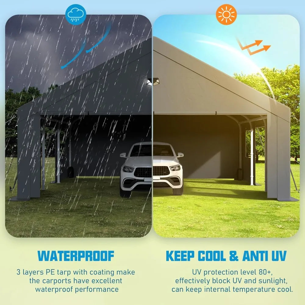 20x20 Carport Canopy, Heavy Duty Car Ports with Sidewalls, Portable Garage Carports with Roll Up Zipper End & Side Doors