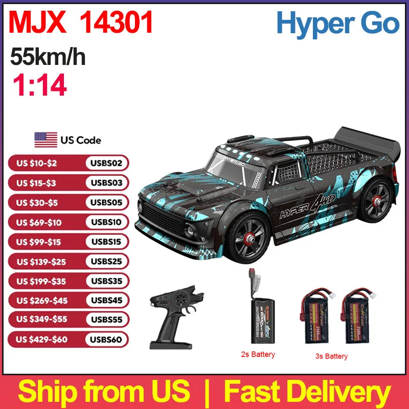 MJX 14301 1/14 Hyper Go Racing Car Brushless 4WD off-road Remote Control Cars 55km/h High Speed Drift Ship from US