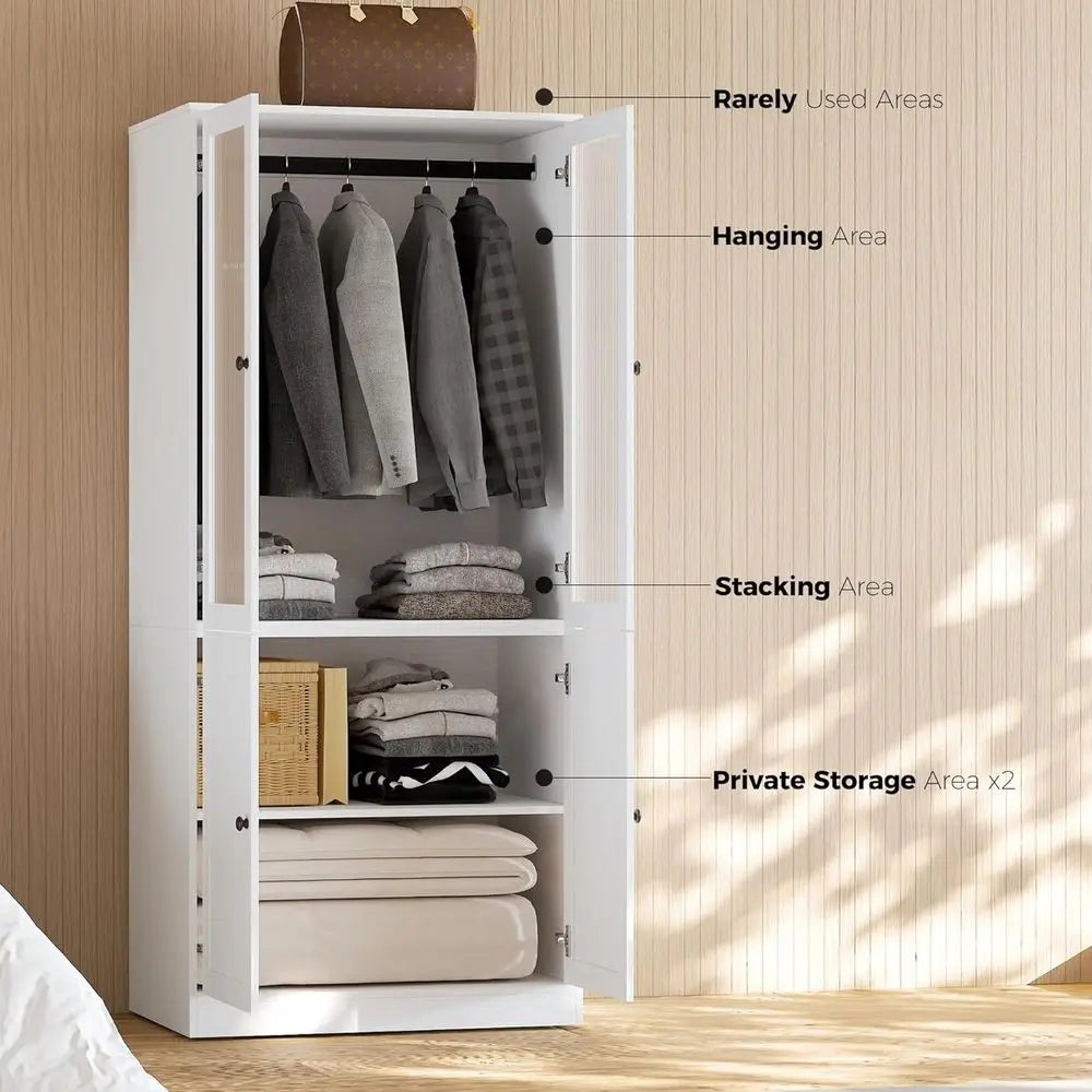 20-Drawer Glass-Door Wardrobe, 71 High Hanging Storage Cabinet with Soft-Close, Large Capacity White Closet