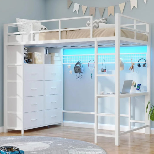 Twin Loft Bed with Desk & 8 Drawers Tall Dresser, Metal Loft Bed with LED Lights & Charging Station, 2-Tier Storage Shelves, Sta