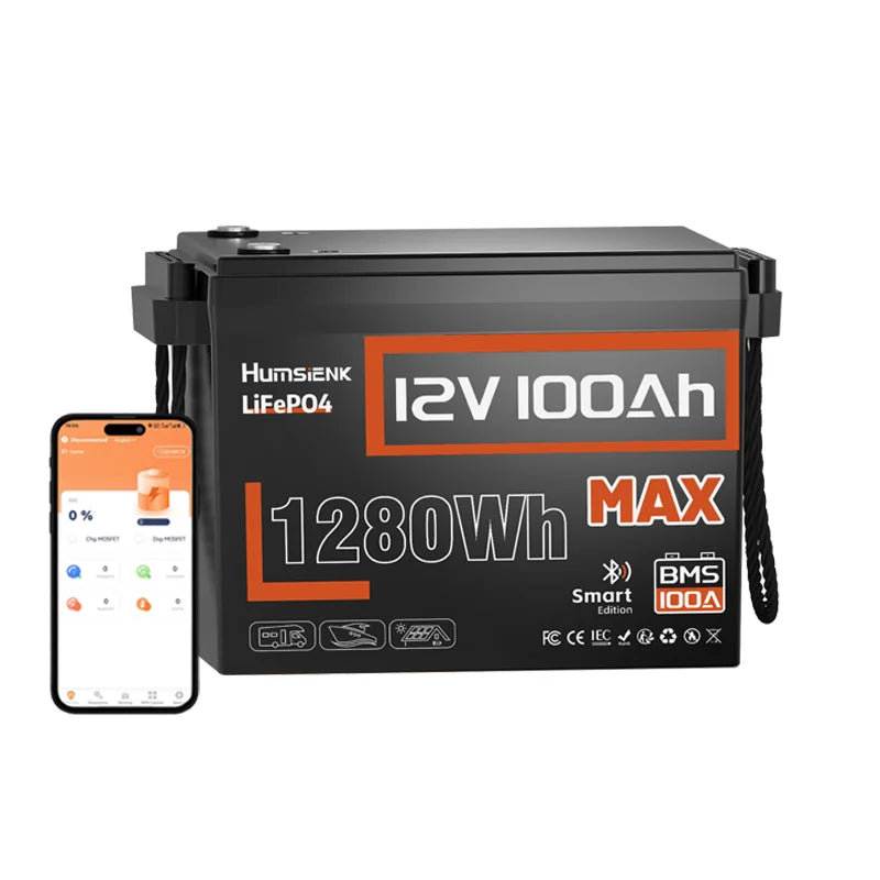 Humsienk 12V 100AH LiFePO4 Lithium Battery With Bluetooth Monitor Battery info 1280Wh For RV, Camper, Golf Cart, Trolling Motor