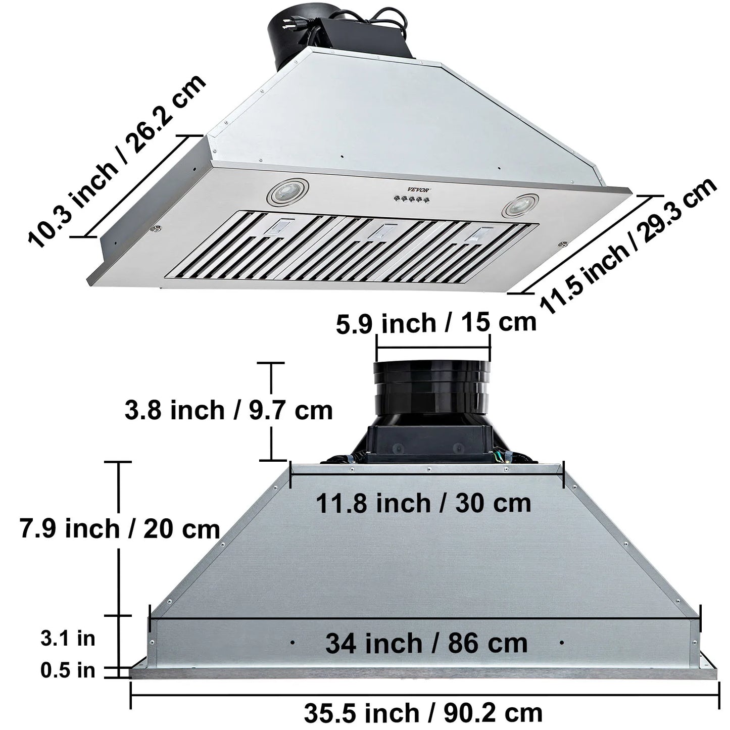 VEVOR Built-in Range Hood 800/900CFM 3/4-Speed 30/36 Inch Stainless Steel with LED Lights Baffle Filters Ducted Convertible ETL