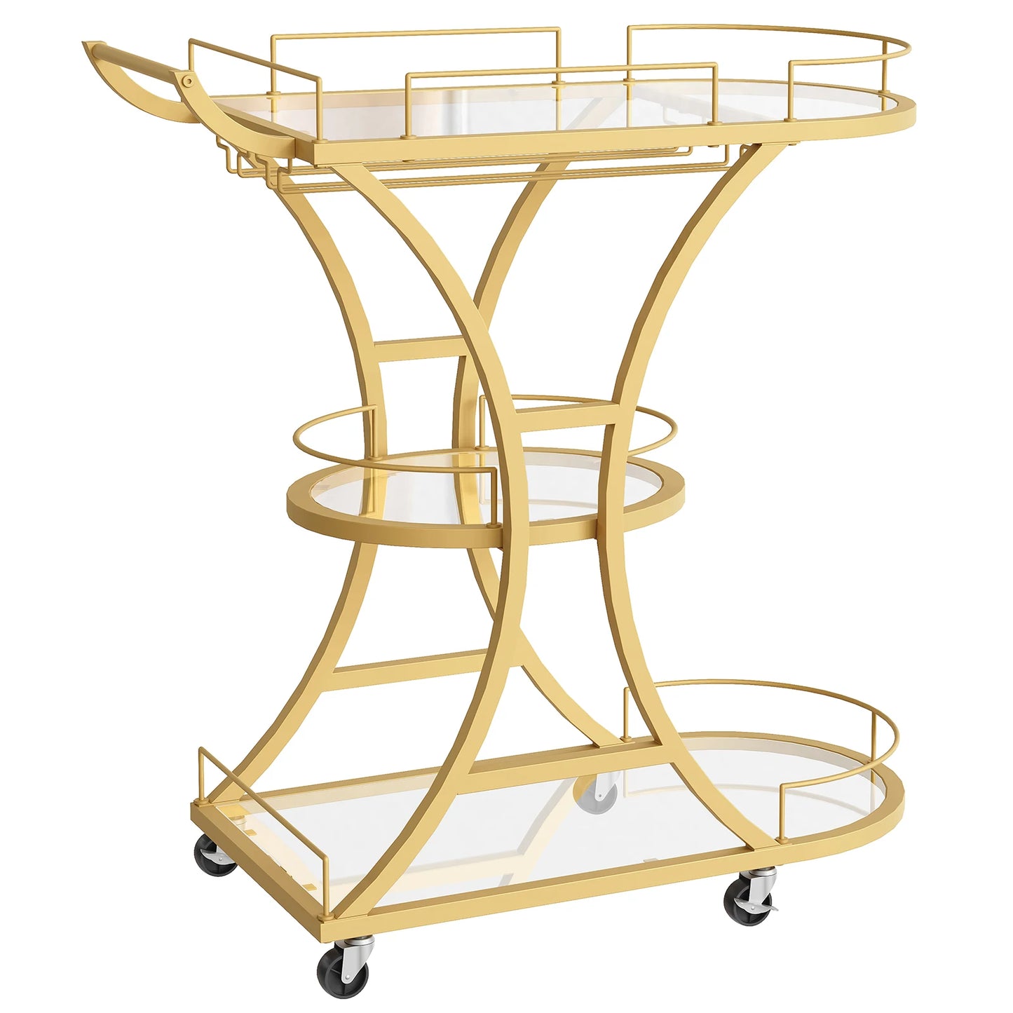 Gold Bar Cart with Wheels, 3-Tier Glass Shelves Serving Cart, Metal Rolling Kitchen Cart with Stemware Rack, Locking Casters, for Dining Room, Living Room, Gold