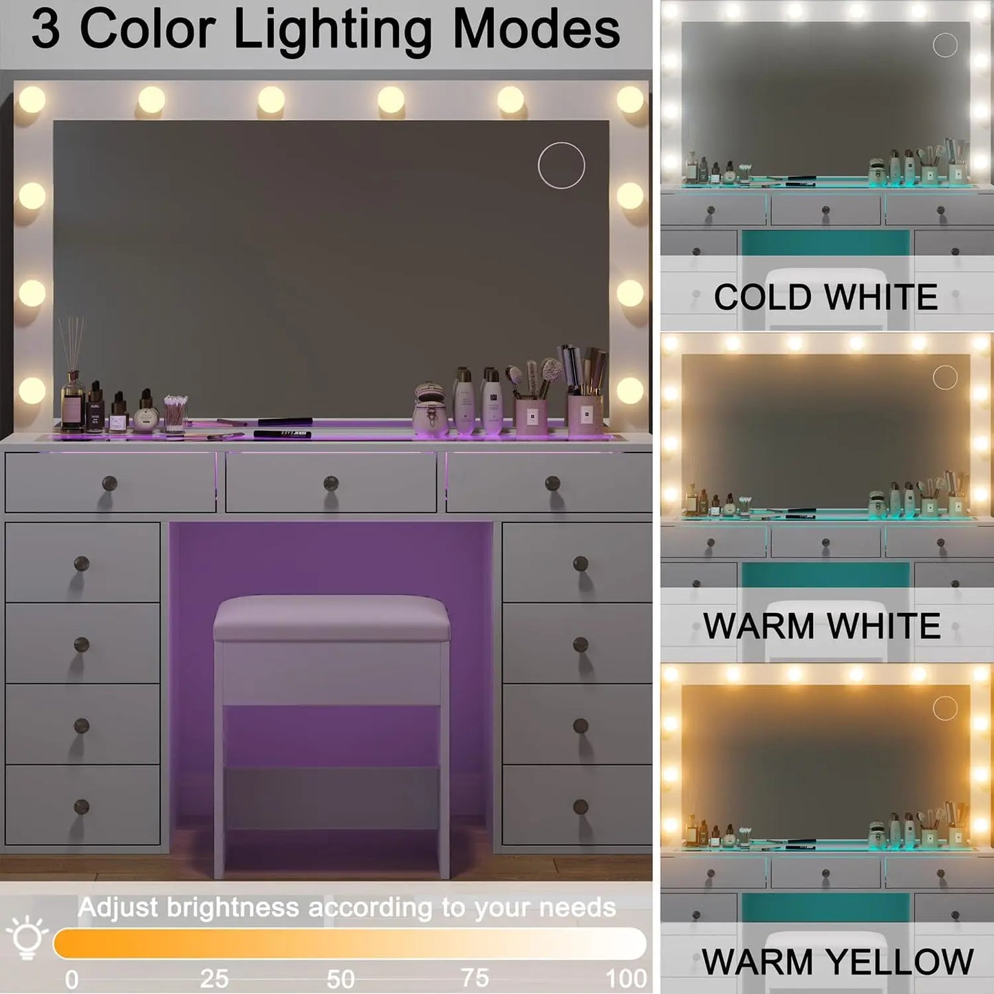 Makeup Vanity Desk with RGB Lights and Large 47.2’’ Mirror, 11 Drawers Makeup Vanity with Lighted Mirror, 3 Color Option, Bright
