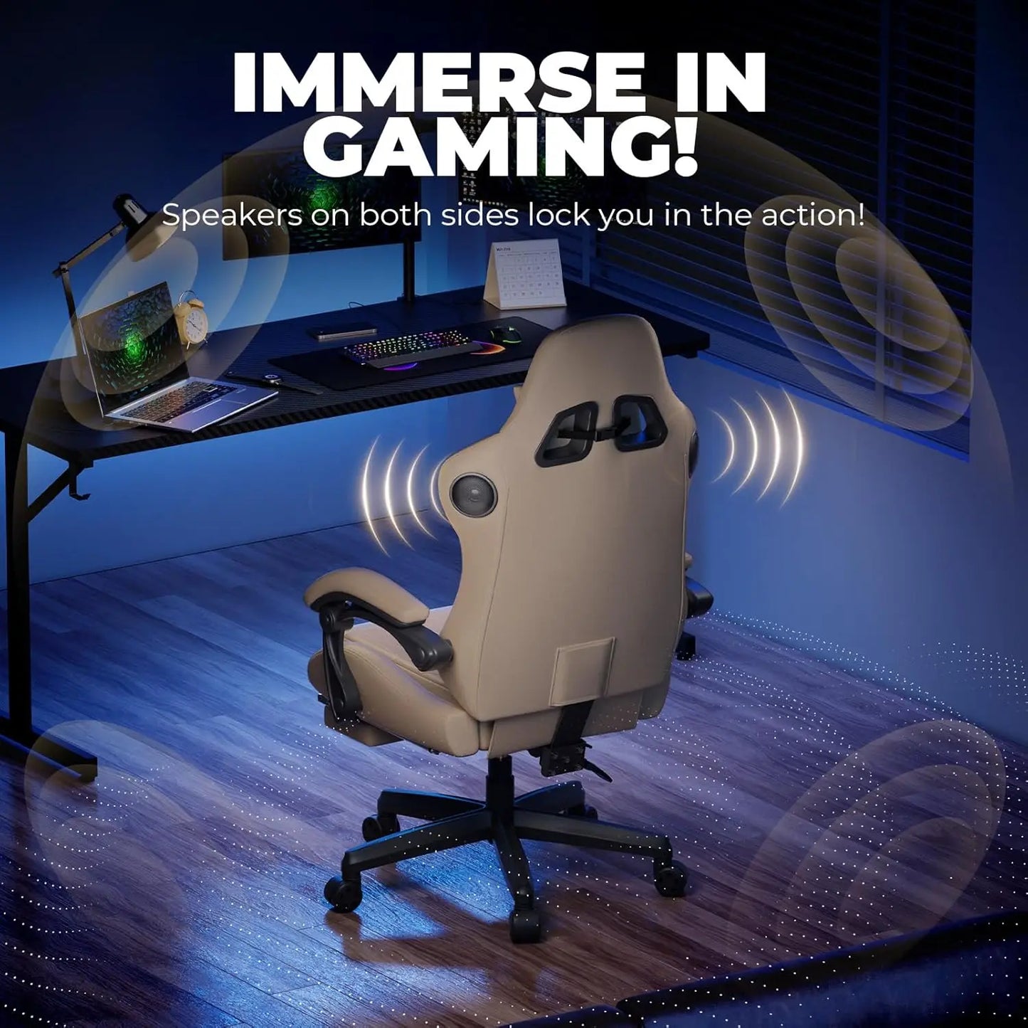 Gaming Chair with Speakers, Video Game Chairs with Footrest, PC Gamer Chairs for Adults - Padded High Back Ergonomic Reclining