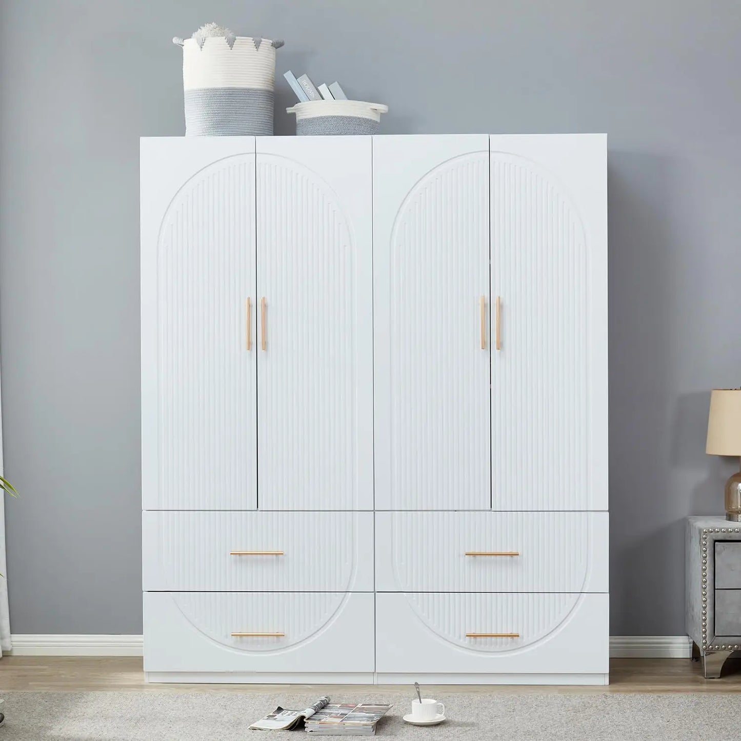 Modern 4-Door 2-Drawer Wooden Armoire Wardrobe Closet with Hanging Rods Large Capacity Bedroom Storage White Customized
