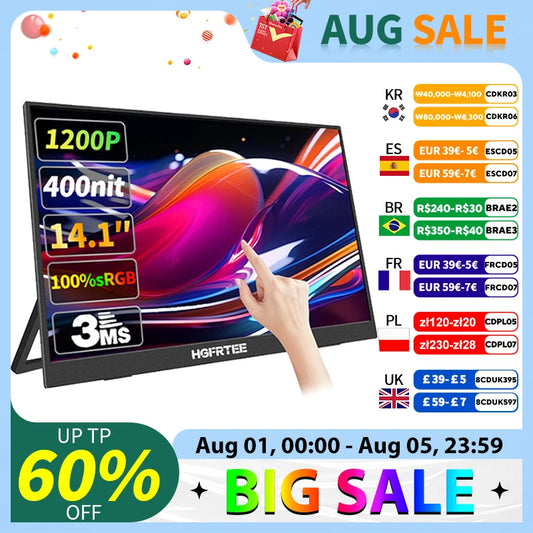 HGFRTEE portable display 14-inch touch screen display 10point touch screen portable screen suitable for laptop PC Mac Xbox PS4/5