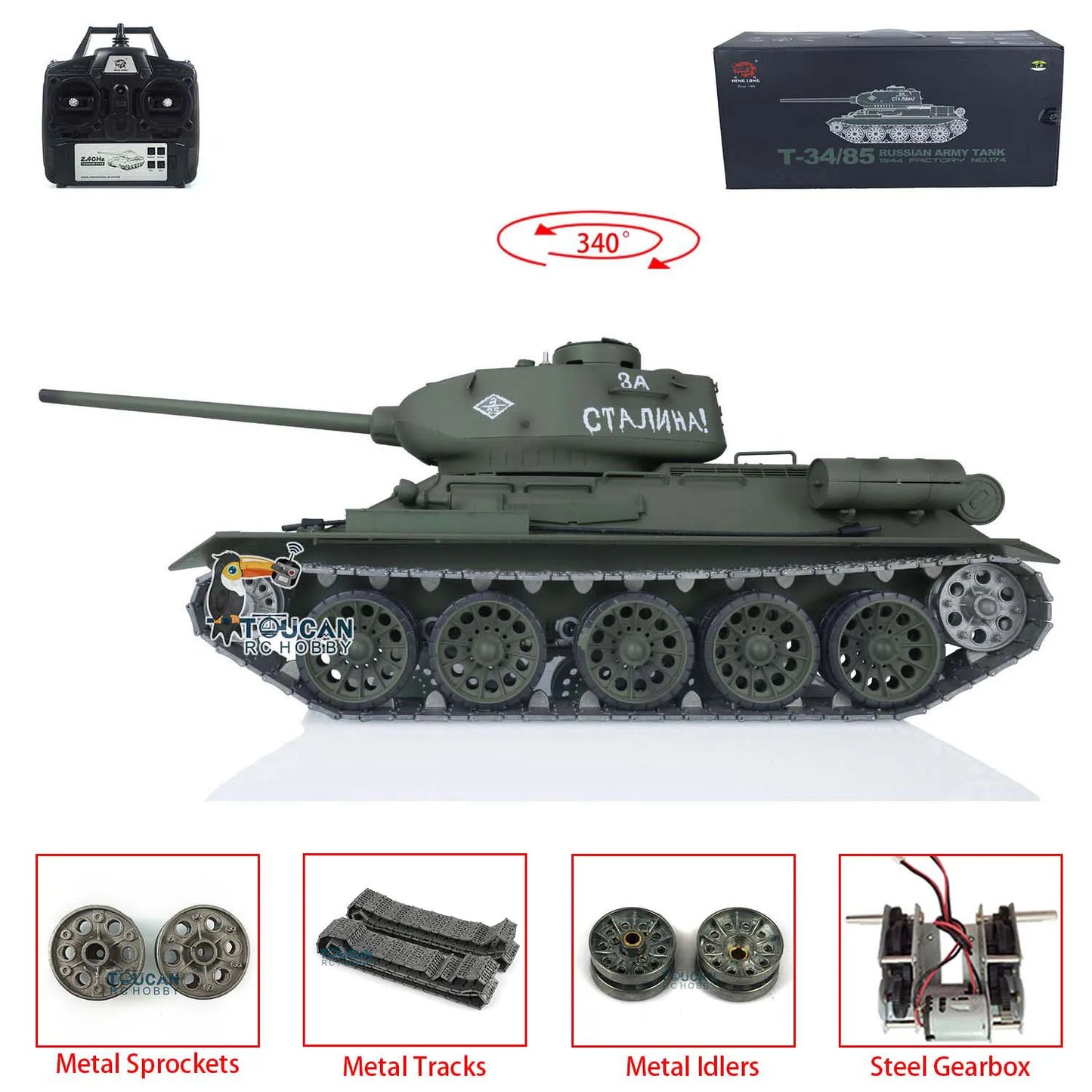 Henglong 1/16 7.0 3909 RC Tank Scale Soviet T34-85 RTR with Metal Tracks Upgraded Remote Control Model for Collectors Hobbyists