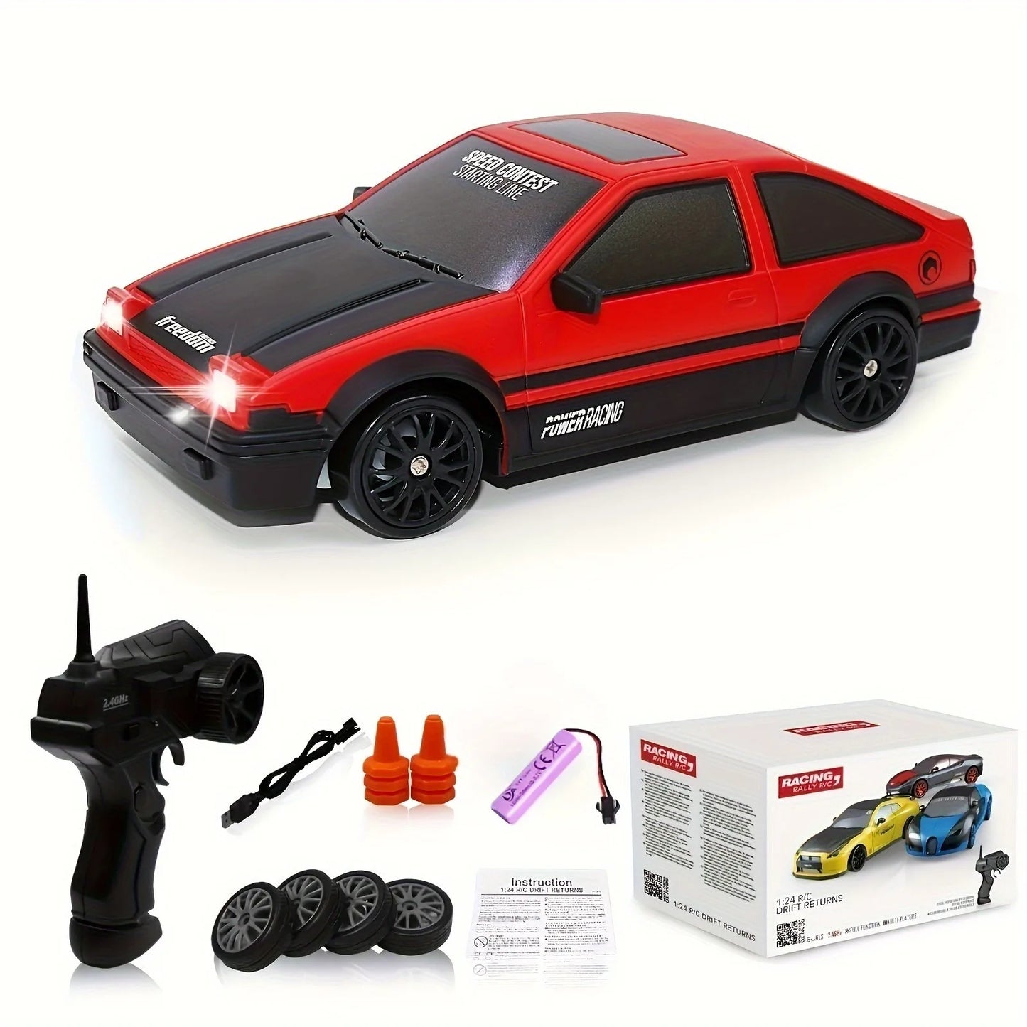 Remote Control Toy Car RC Drift 2.4GHz 1:24 Scale 15KM/H High Speed Model Vehicle LED Lights Drifting Tire Racing Toy for Gift
