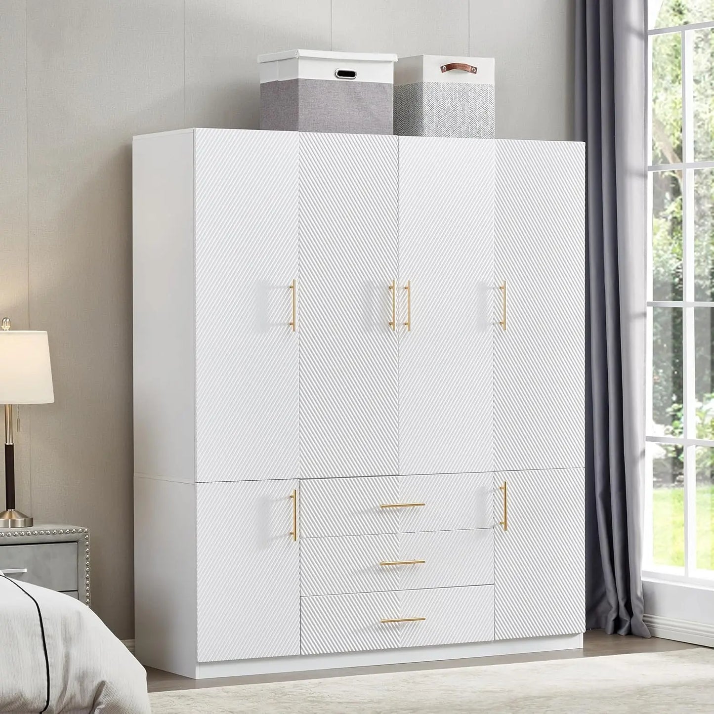 White Wooden Armoire 4 Door 2 Drawer 2 Rod Shelf Bedroom Storage Cabinet, Customized