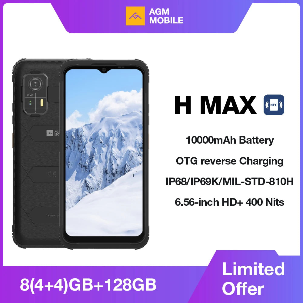 AGM H MAX Rugged Smartphone 10000mAh Battery 4+128GB HD+ Display 3 Card Slot NFC OTG Reverse Charge Waterproof