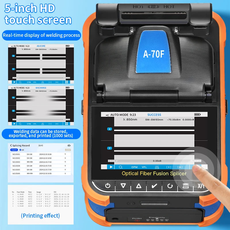 A-70F Six Motors Optical Fiber Fusion Splicer SM MM 10 Languages Touch Screen Fiber Optic Core Welding Machine Built in VFL OPM