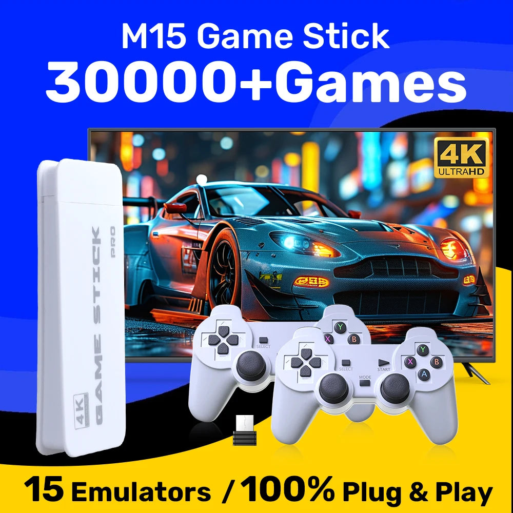 JMachen M15 Game Stick 64G Video Game Console 4K UHD Output with 30000+ Retro Games for PS1/MAME/SNES with Wireless Controllers