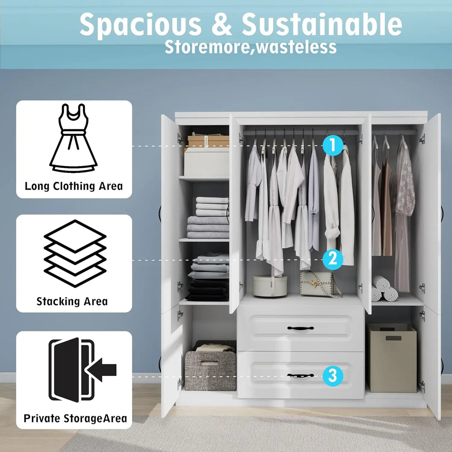 Modern 4-Door 2-Drawer Wooden Armoire Wardrobe Closet with Hanging Rods Large Capacity Bedroom Storage White Customized