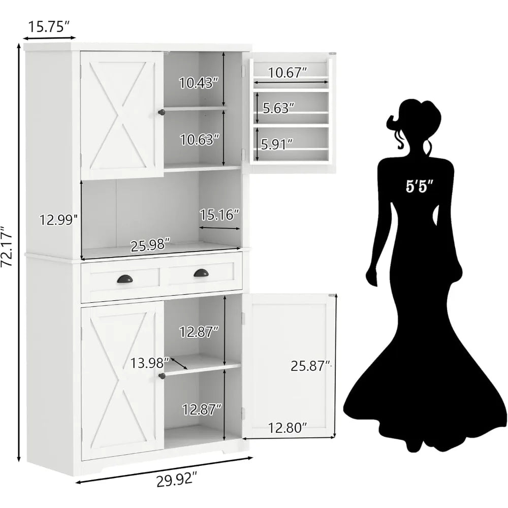72" Farmhouse Kitchen Pantry Cabinet With LED, Operation Table & Power Outlet, Tall Storage With Drawer, Adjustable Shelves for