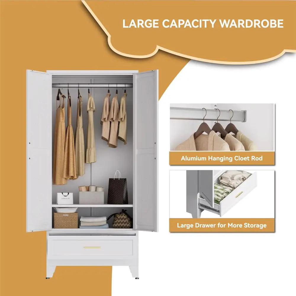 Metal Wardrobe Closet or Bedroom, 71" reestanding Armoire Wardrobe with Der and Shel, Hanging Rod Clothing Storage Cabinet with
