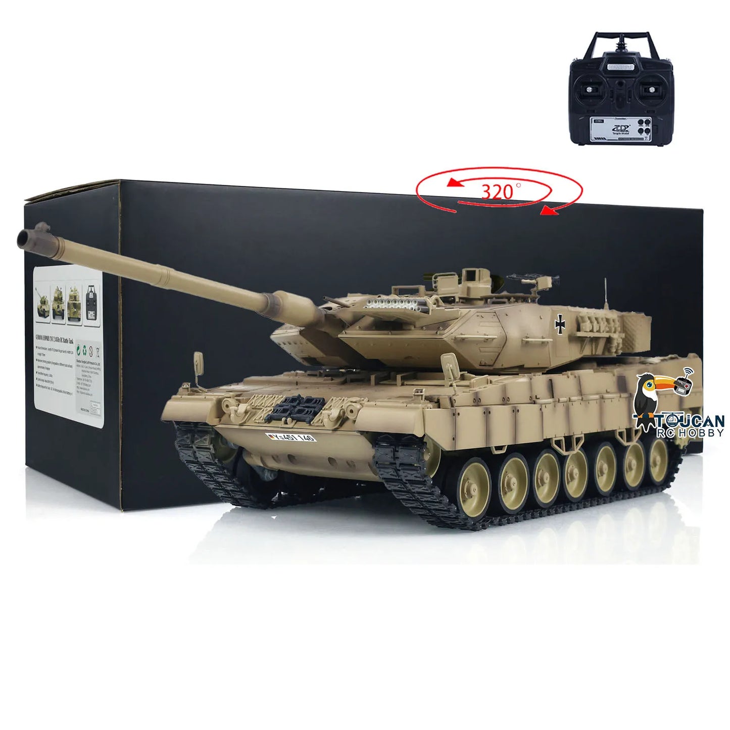 Tongde 1/16 RC Tank German Leopard 2A7 Electric Military Infrared Battle Tank with Barrel Recoil 320°Turret Remote Control Model
