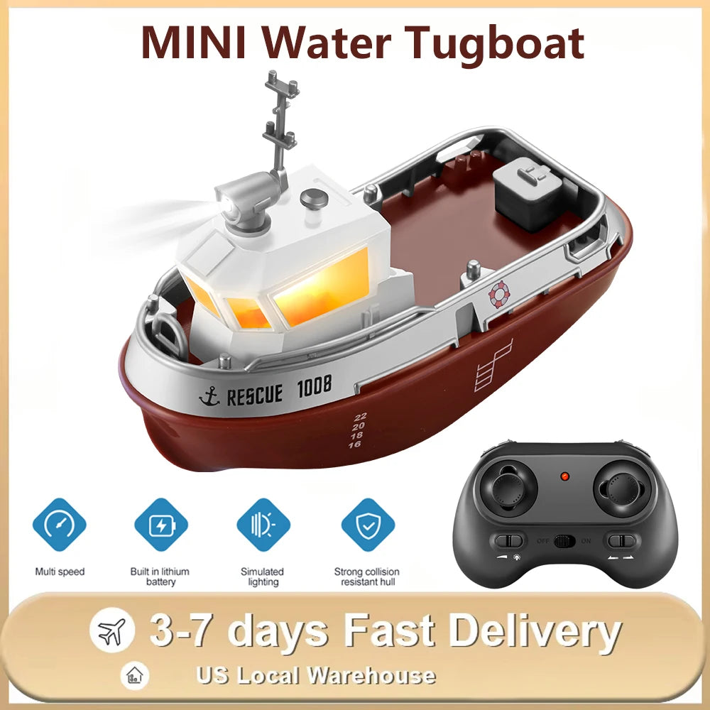 1/72 Mini Boat S820 RC Tugboat 2.4G Dual Motors Remote Control Ship Electric Watercraft Model Toys with LED Light for Kids Gift