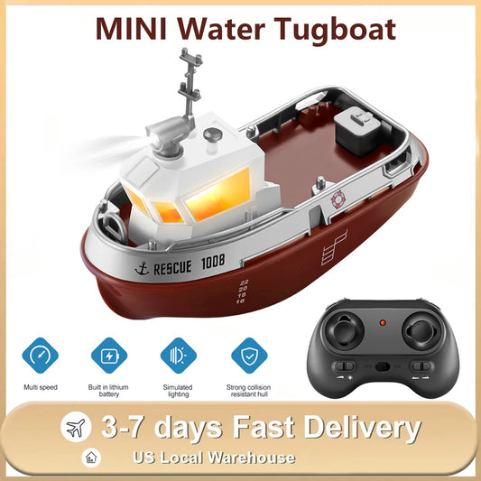 1/72 Mini Boat S820 RC Tugboat 2.4G Dual Motors Remote Control Ship Electric Watercraft Model Toys with LED Light for Kids Gift