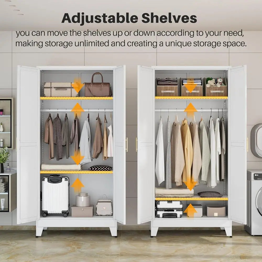 Metal Armoire Wardrobe Closet with 2 Mirror Do, 71" Wardrobe Cabinet with Adjustable Shelves and Hanging Rod, Clothing Storage C