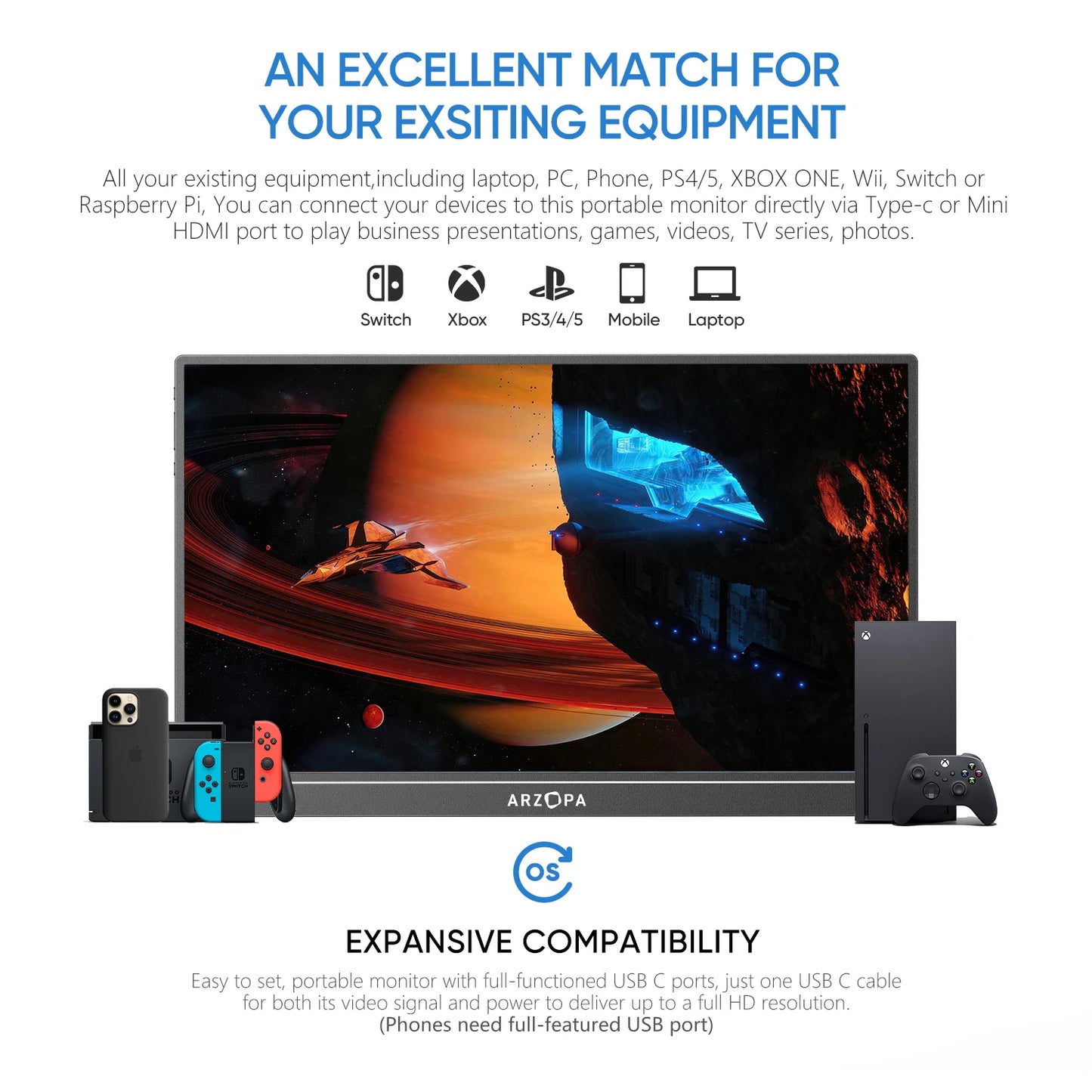 ARZOPA 17.3 FHD Portable Monitor 1080P External Display IPS Screen with USB C mini-HDMI Port for Laptop Mac PC Xbox PS Switch