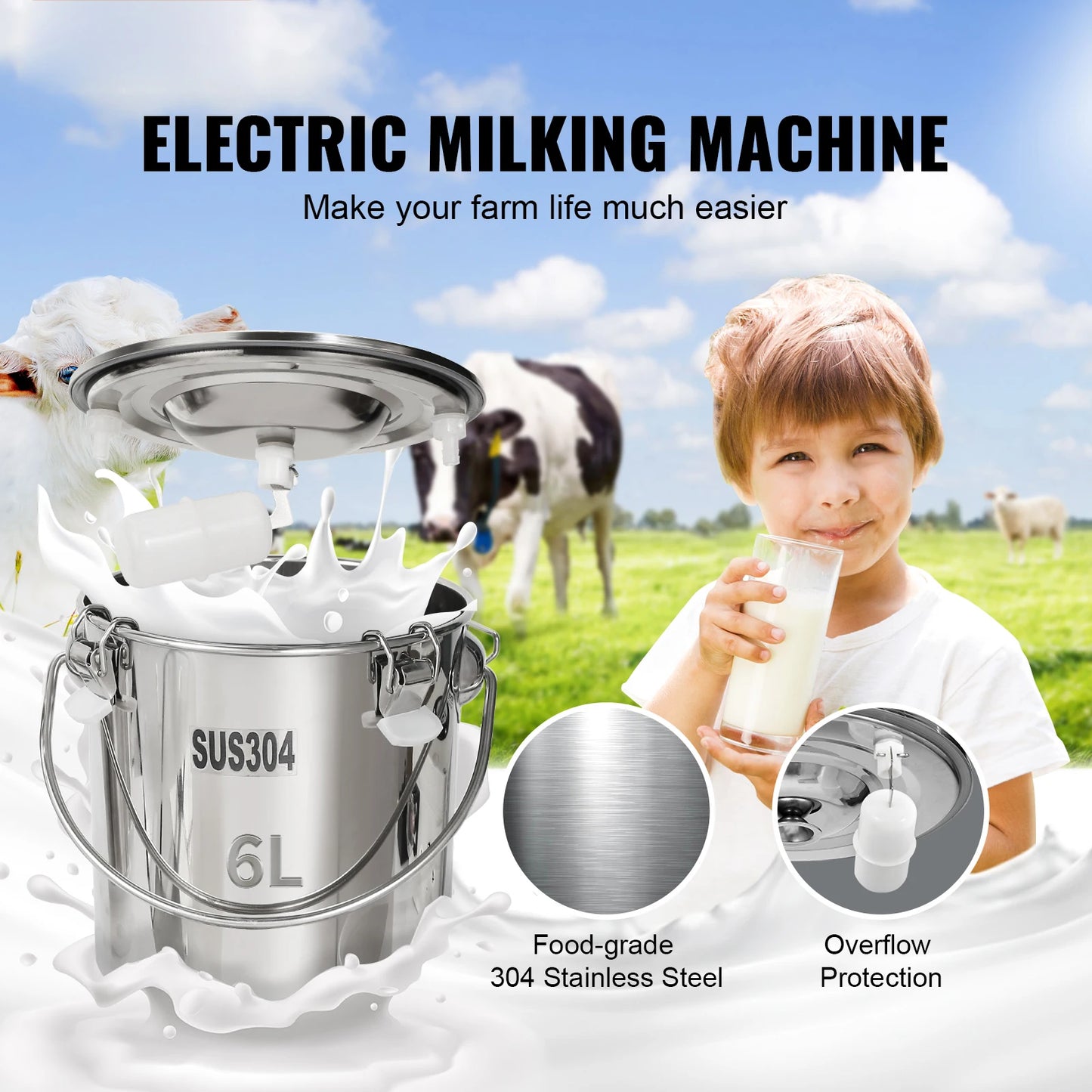 SucceBuy Goat Milking Machine Stainless Steel Bucket Electric Automatic Pulsation Cup Tubes Adjustable Suction for Cow and Sheep