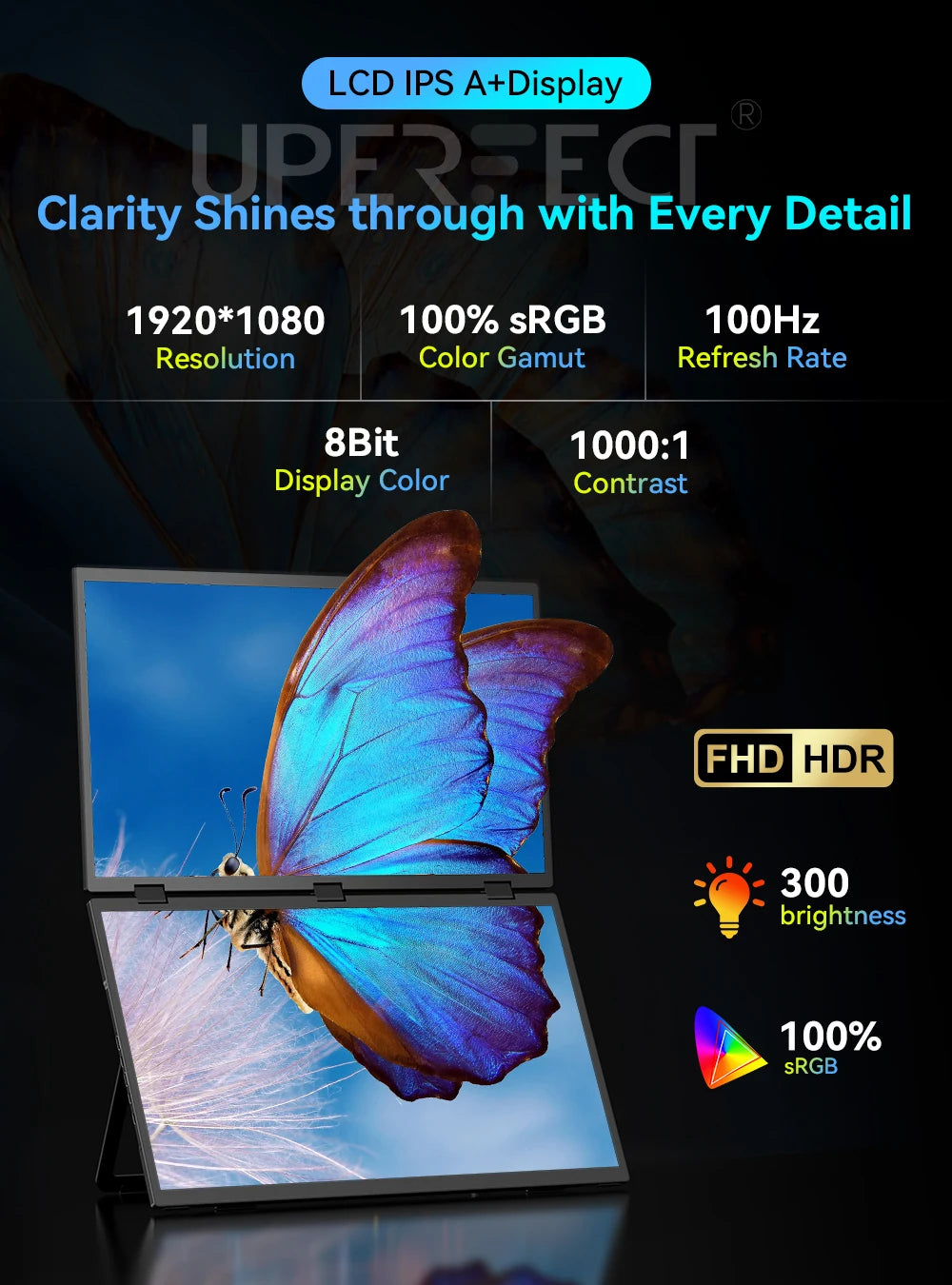 UPERFECT Delta 18.5" 100Hz Touchscreen Dual Triple Portable Monitor 1080P USB-C HDMI HDR Foldable Display For PC Game Console