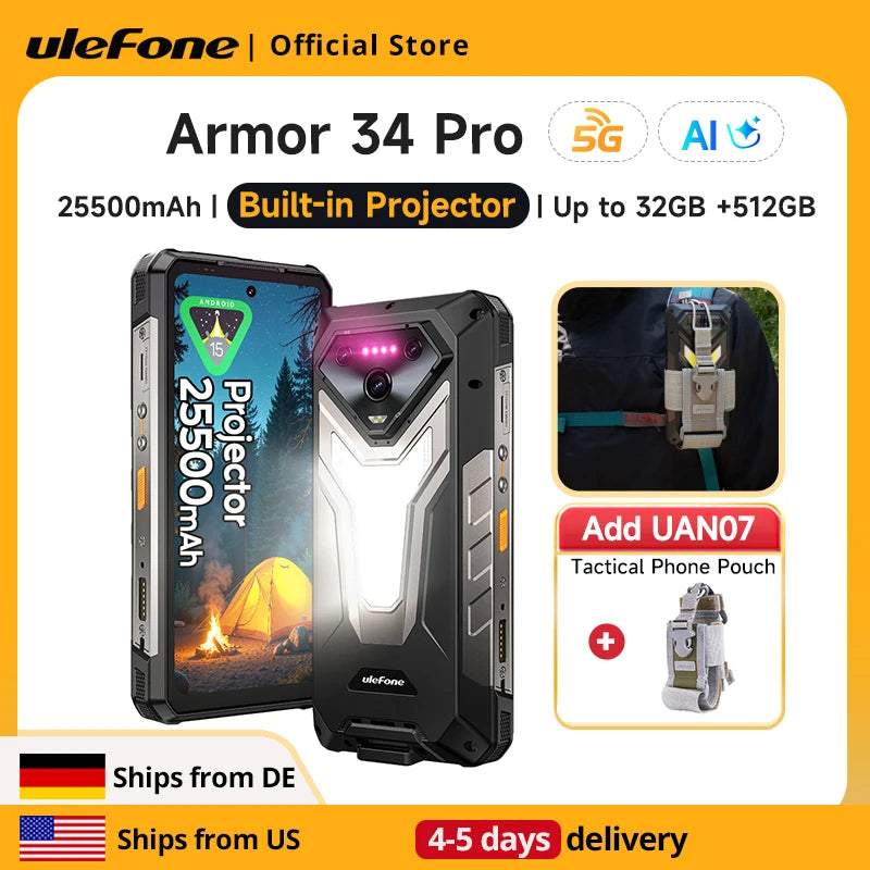 【Ships from US】Ulefone Armor 34 Pro 5G AI Rugged Phone 25500mAh Up to 32GB+512GB Built-in Projector 120Hz 6.95" NFC Smartphone