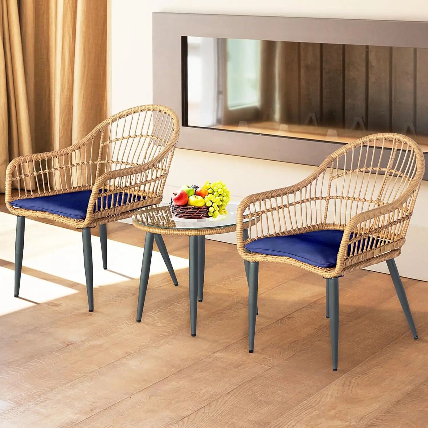 3 Piece Outdoor Wicker Bistro Set, Patio Conversation Sets w/2 Large Rattan Chairs and Tempered Glass Table, Patio Furniture