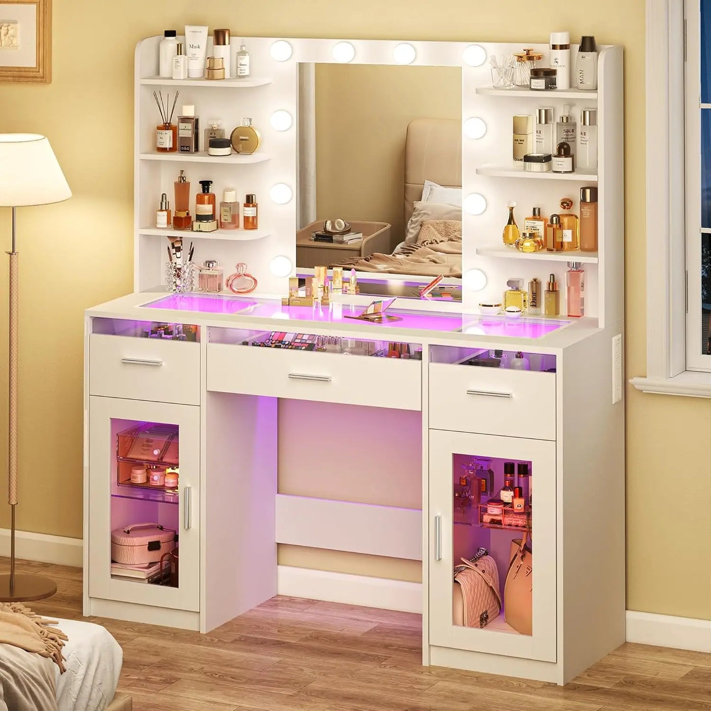 Makeup Vanity with 3-Color Lighting & Mirror, Transparent Top, 3 RGB Drawers and 6 Open Shelves, Customized