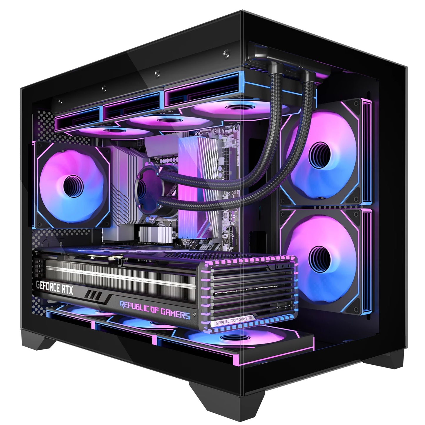 Micro-ATX Gaming PC Case with 270° View Tempered Glass, Pre-Installed 3 PWM ARGB Fans & Magnetic Filter, Supports Standard ATX