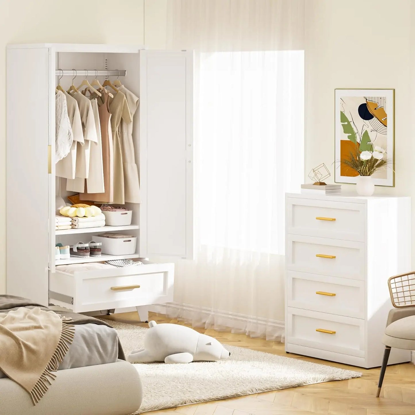 71" White Metal Wardrobes Closet With Hanging Rod and Drawers,Barn Doors, Adjustable Shelves For Home, Bedroom, Laundry room