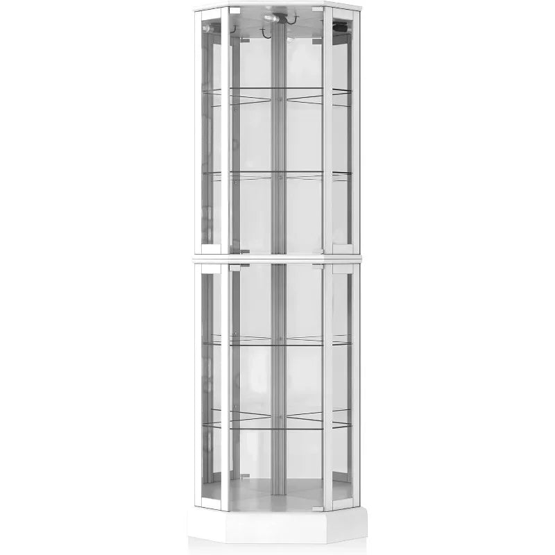 For girls Lighted 3-Side Glass Display Curio Cabinet with Tempered Glass Doors and Shelves,  Corner Storage Rack - White