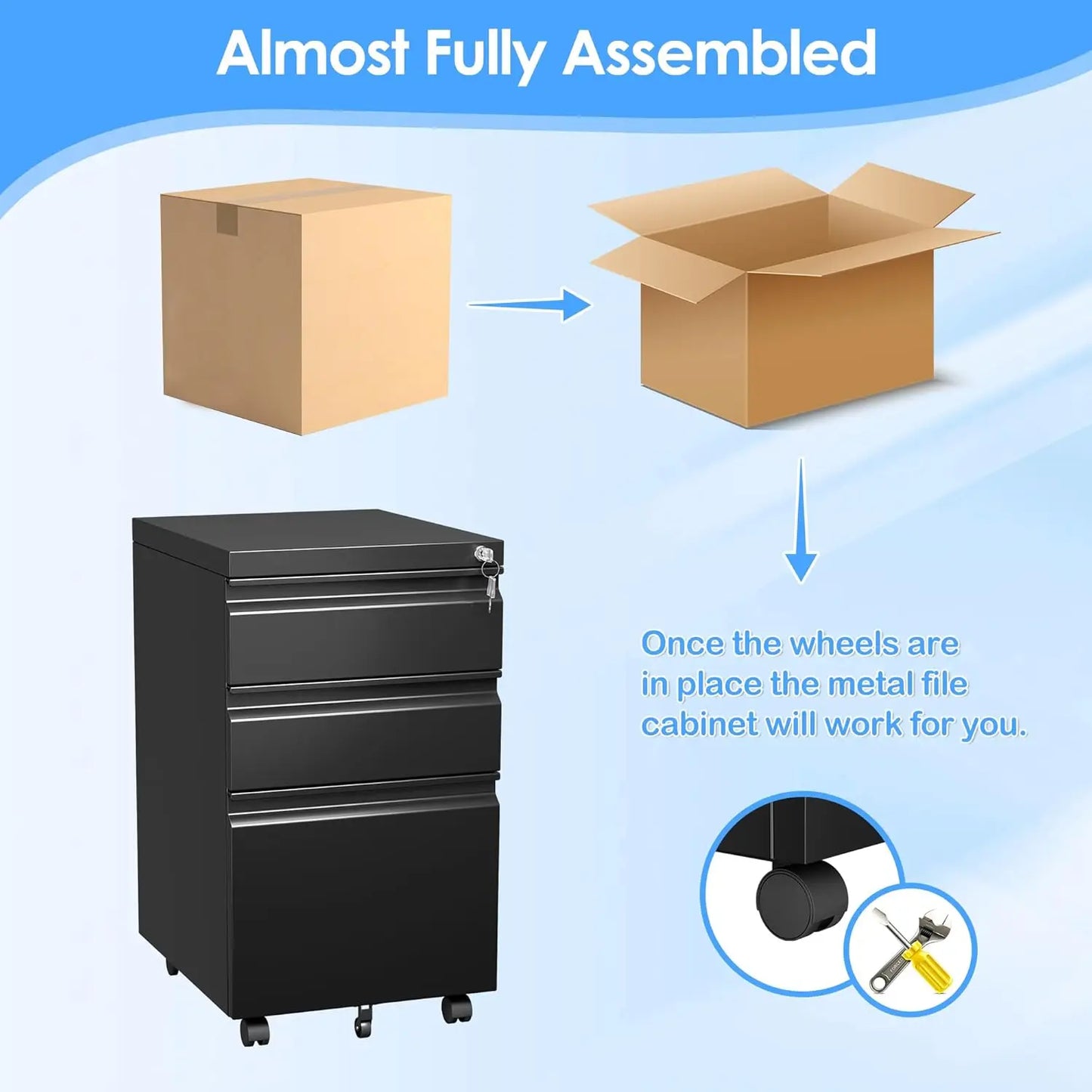 AOBABO 3 Drawer Mobile File Cabinet with Lock, Under Desk Metal Filing Cabinet for Office,Home,A4/Legal/Letter Size