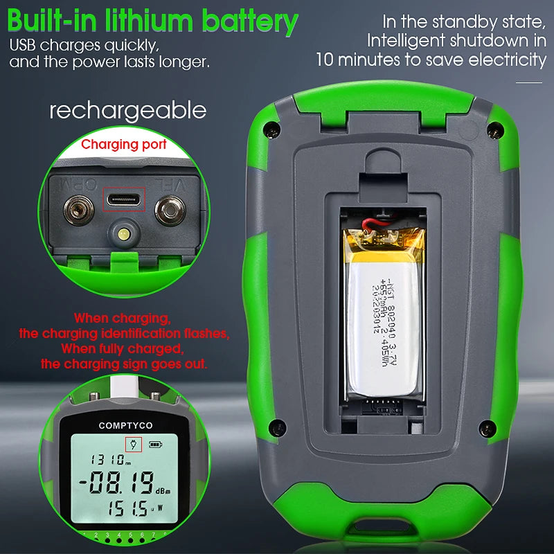 FTTH Rechargeable Fiber Tester 4 in 1 Mini Optical Power Meter -70~+10dBm&15mW Visual Fault Locator&Rj45 Network Test&LED Light